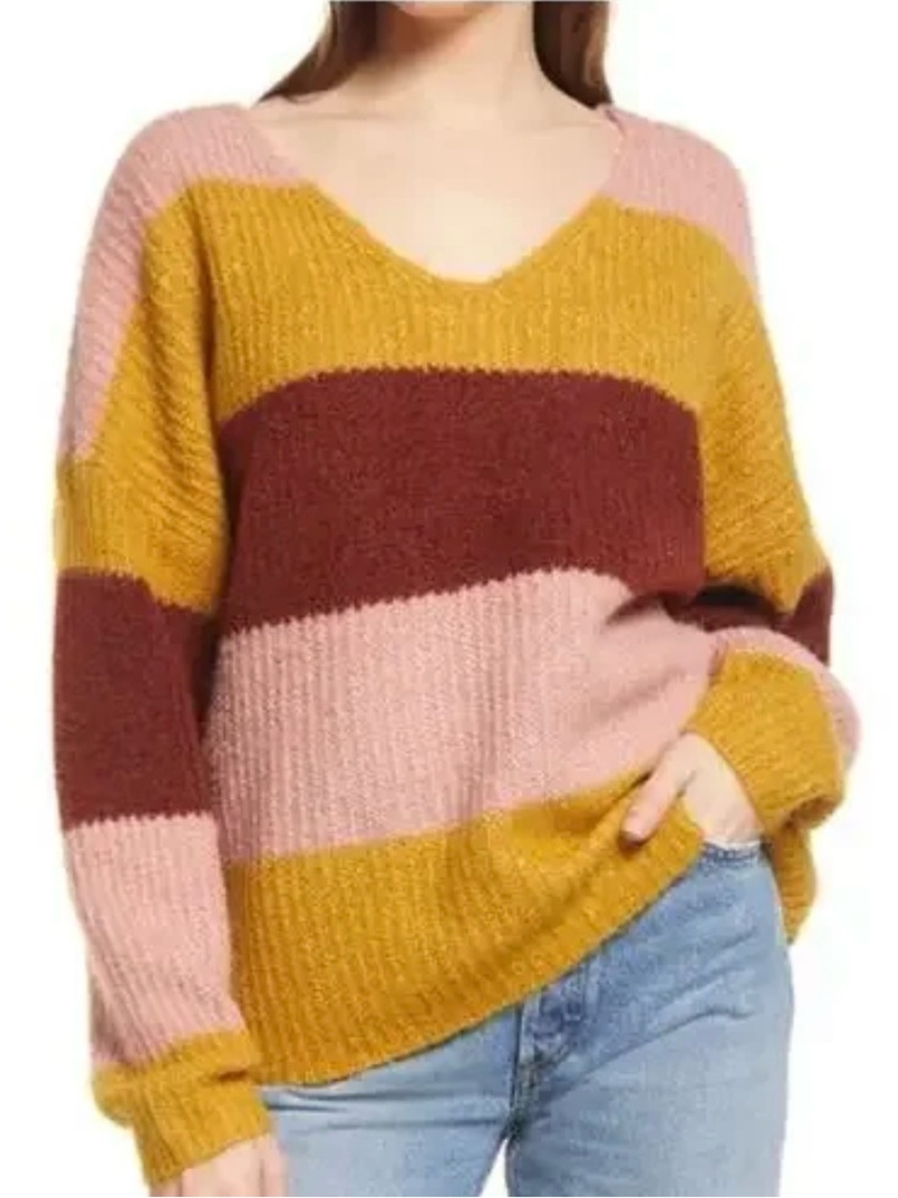 Vero Moda Pink, Mustard & Burgundy Striped Crewneck Sweater